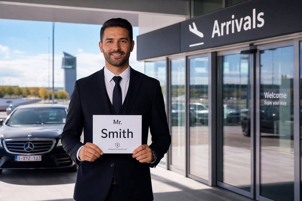 Sofer privat cu placa nominala la aeroportul Otopeni